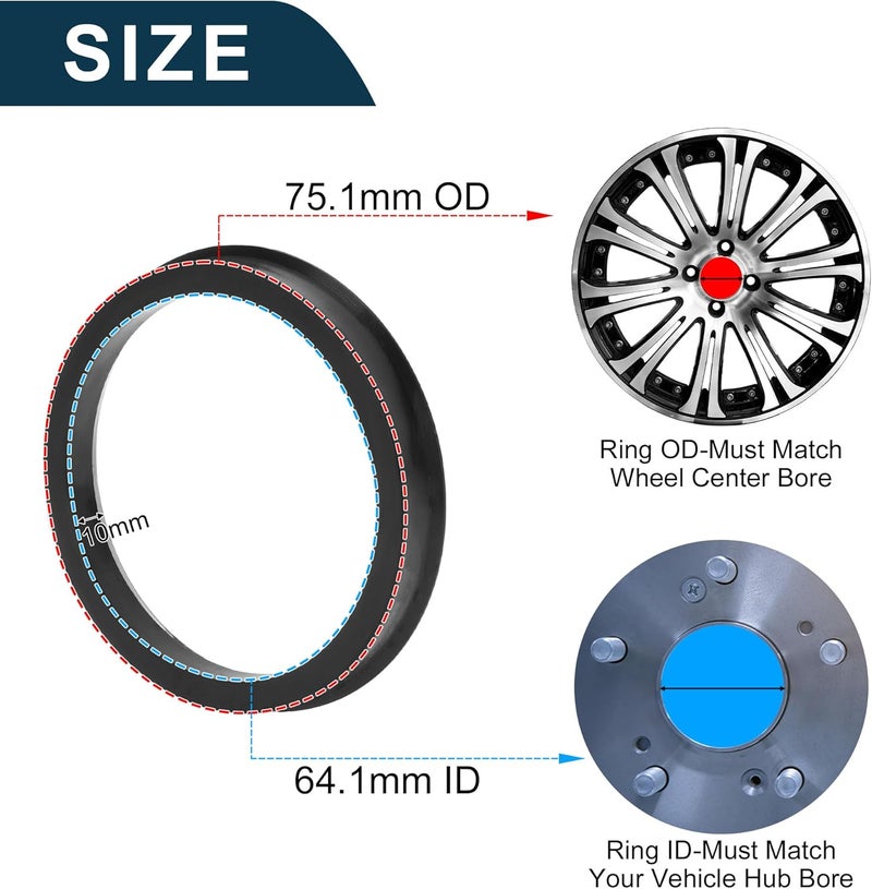 TUCKBOLD Car Wheel Hub Centric Rings Durable Wheels Center Shaft Shock Absorbing Hubrings Black 2 Pcs OD 75.1mm to ID 64.1mm Polycarbonate - Image 3